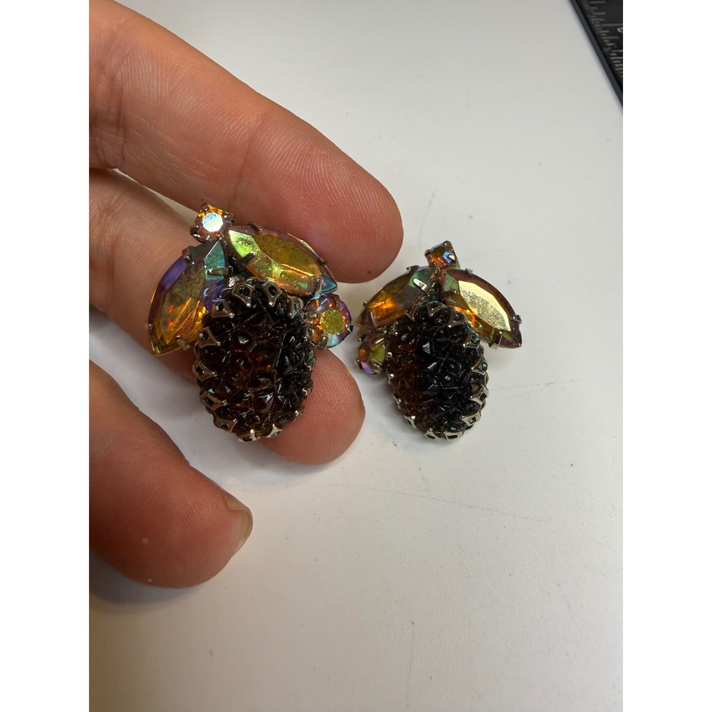 Vintage Aurora Borealis Rhinestone Clip On Earrings Amber Cluster Statement